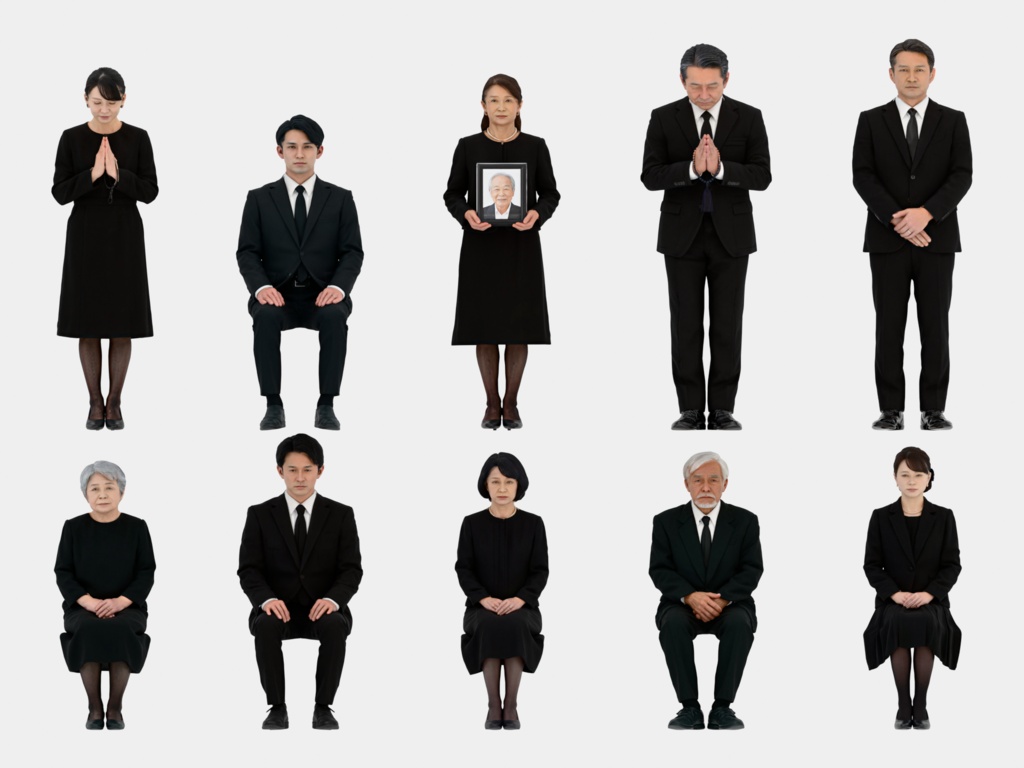 Japanese 3D People Vol.14|日本人 喪服 3D人物 10体(葬儀・法事の参列者)【建築パース・添景】FBX/OBJ/glTF/Blender