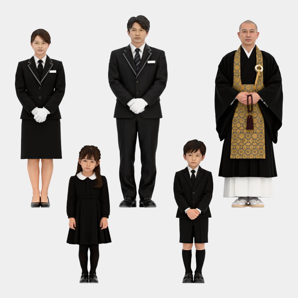 Japanese 3D People Vol.15｜日本人 葬儀場 3D人物 5体（葬儀スタッフ・僧侶・喪服の子ども）【建築パース・添景】FBX/OBJ/glTF/Blender