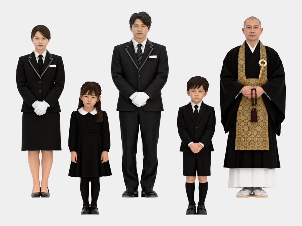 Japanese 3D People Vol.15|日本人 葬儀場 3D人物 5体(葬儀スタッフ・僧侶・喪服の子ども)【建築パース・添景】FBX/OBJ/glTF/Blender