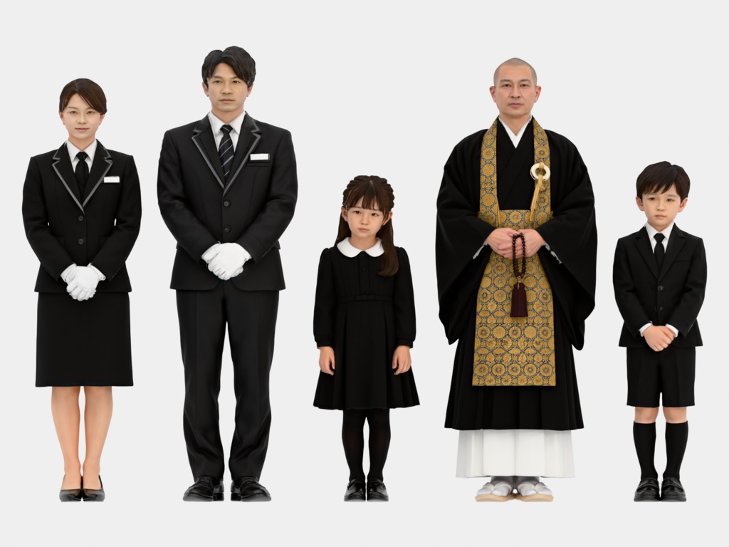 Japanese 3D People Vol.15|日本人 葬儀場 3D人物 5体(葬儀スタッフ・僧侶・喪服の子ども)【建築パース・添景】FBX/OBJ/glTF/Blender