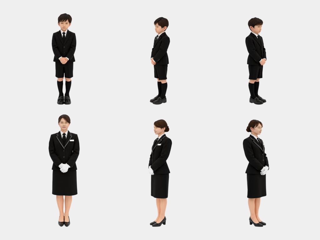 Japanese 3D People Vol.15|日本人 葬儀場 3D人物 5体(葬儀スタッフ・僧侶・喪服の子ども)【建築パース・添景】FBX/OBJ/glTF/Blender