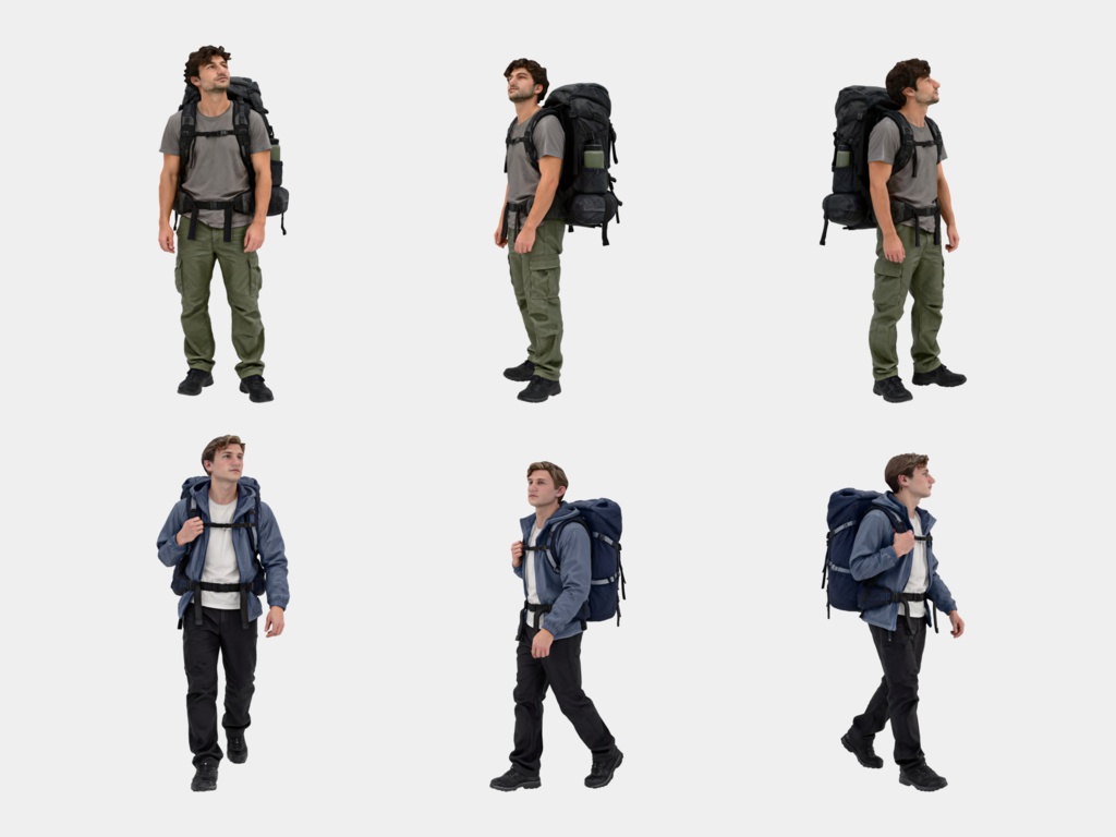 3D People Vol.16|バックパッカー 3D人物 5体(登山・旅行・大型ザック)【建築パース・添景】FBX/OBJ/glTF/Blender