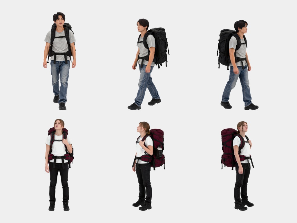 3D People Vol.16|バックパッカー 3D人物 5体(登山・旅行・大型ザック)【建築パース・添景】FBX/OBJ/glTF/Blender