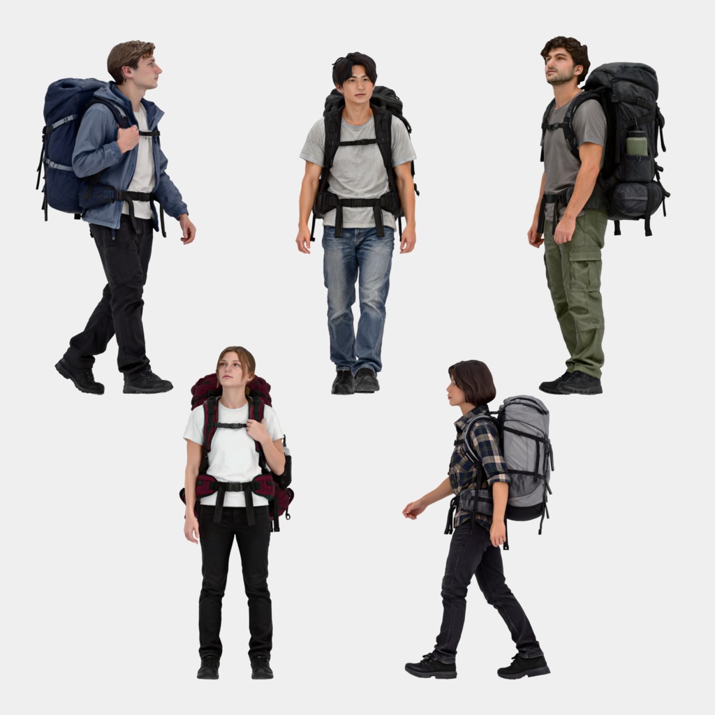 3D People Vol.16｜バックパッカー 3D人物 5体（登山・旅行・大型ザック）【建築パース・添景】FBX/OBJ/glTF/Blender