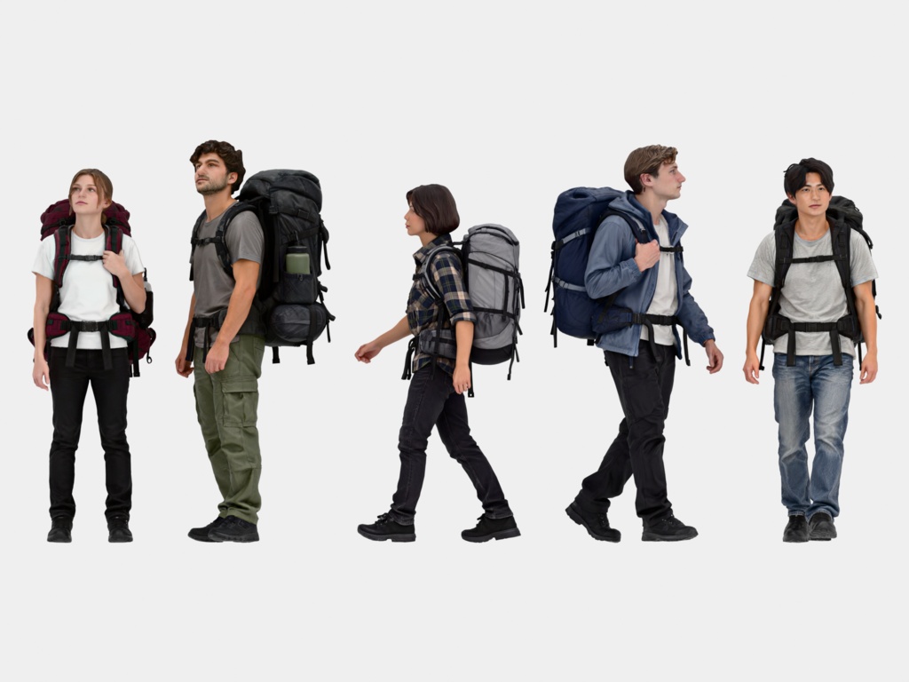 3D People Vol.16|バックパッカー 3D人物 5体(登山・旅行・大型ザック)【建築パース・添景】FBX/OBJ/glTF/Blender