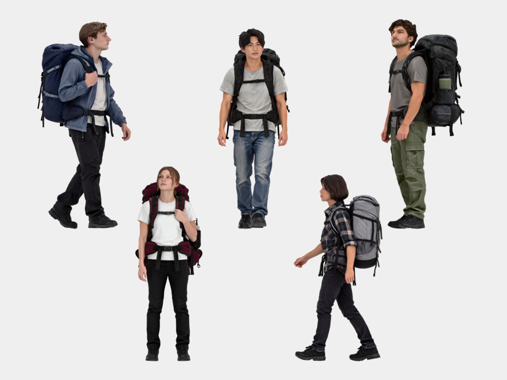3D People Vol.16|バックパッカー 3D人物 5体(登山・旅行・大型ザック)【建築パース・添景】FBX/OBJ/glTF/Blender