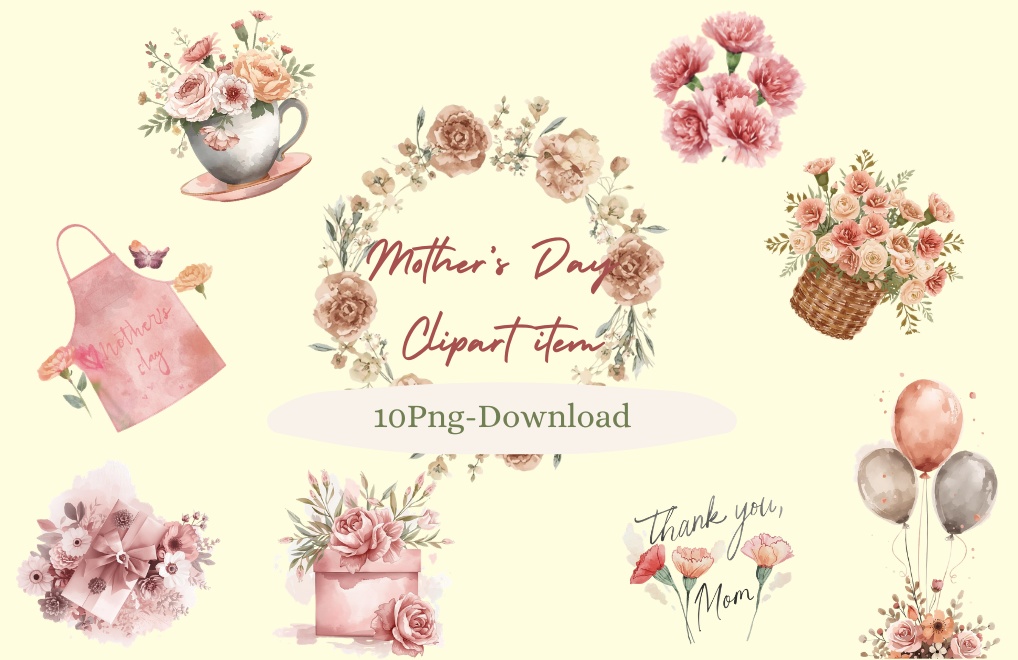 くすみカラー水彩フラワーフレーム｜母の日カーネーション素材｜10点セットPNG透過