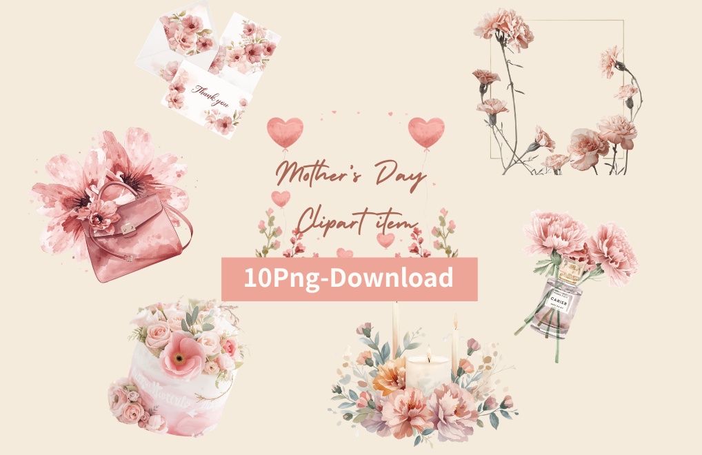 母の日 水彩クリップアート10点セット｜くすみカラー カーネーション素材｜PNG透過