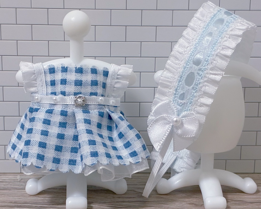 サマーブルーワンピース(チェック)ヘッドドレス付き
