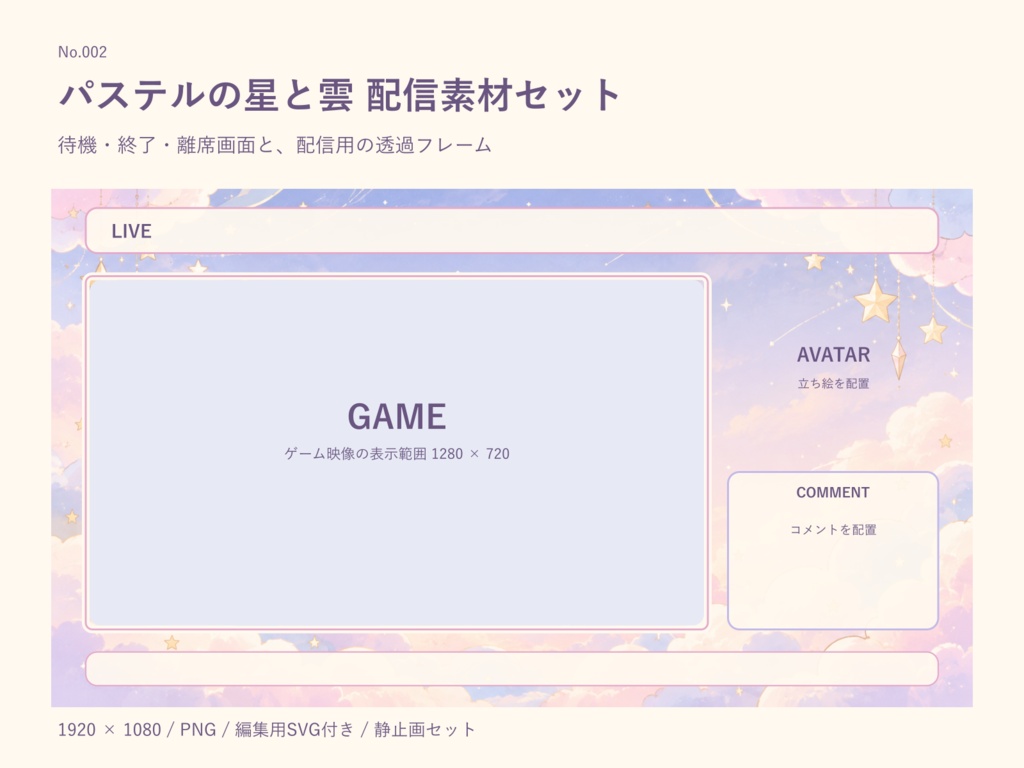 【配信素材】星と雲のパステル配信画面セット|PNG7枚・透過フレーム・編集用SVG付き