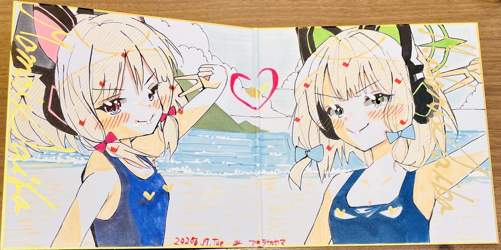 ブルーアーカイブ スク水モモイとミドリ 見開き色紙 完成