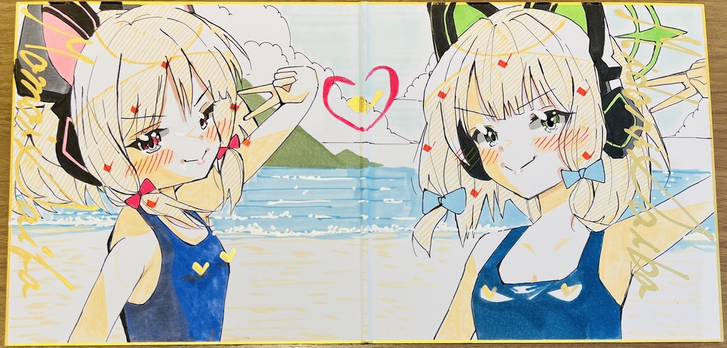 ブルーアーカイブ スク水モモイとミドリ 見開き色紙 完成