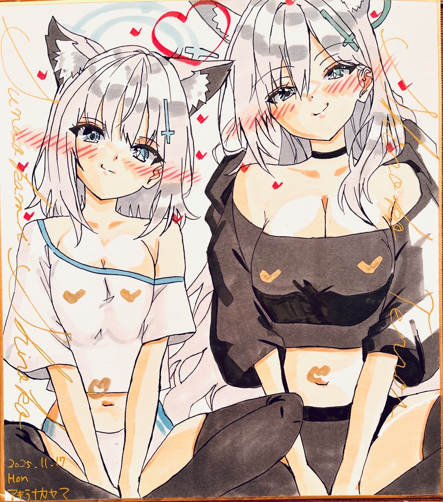 ブルーアーカイブ　あぐらをかく、シロコとクロコ　色紙　完成