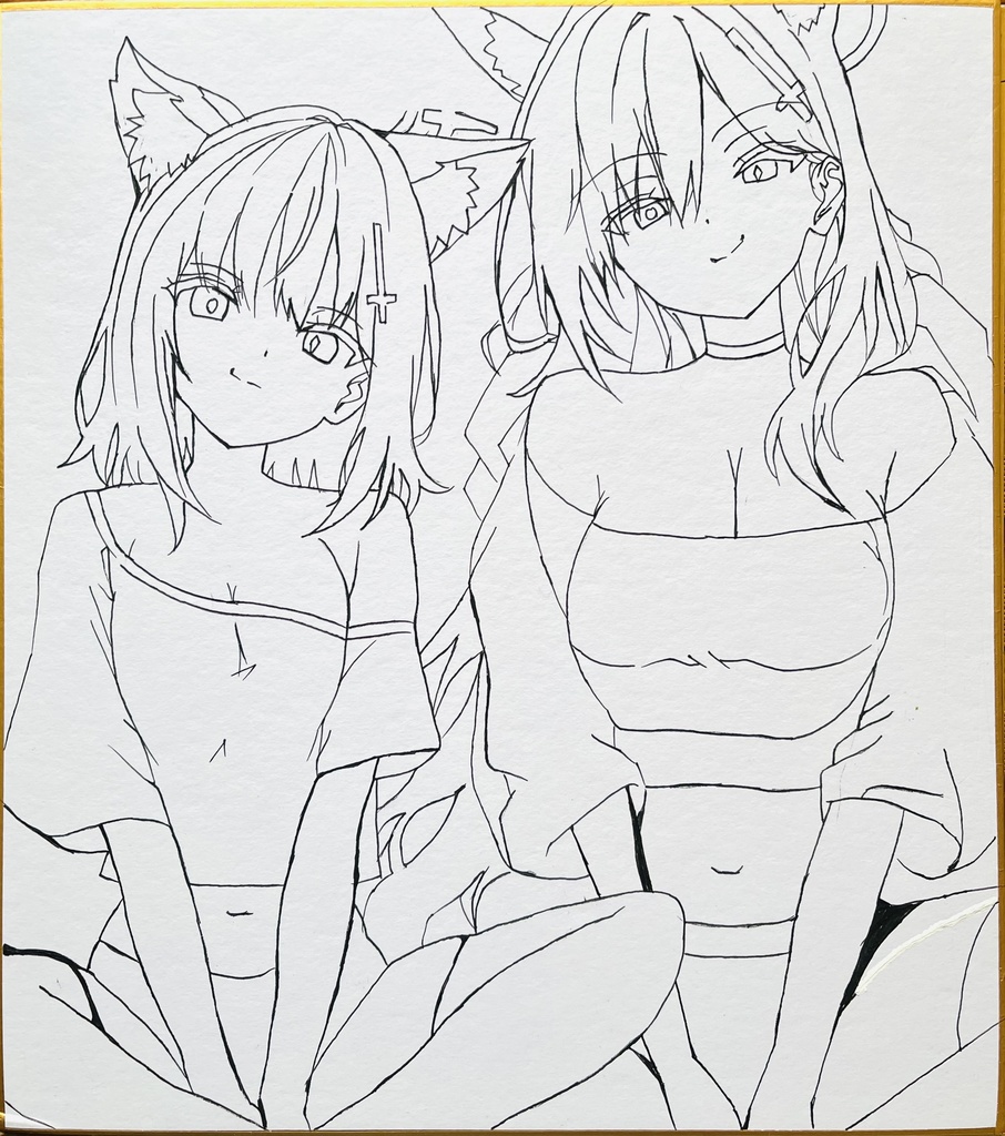 ブルーアーカイブ　あぐらをかく、シロコとクロコ　色紙　制作途中