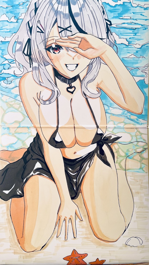 元ホロライブ  水着沙花叉クロヱ　見開き色紙　制作途中