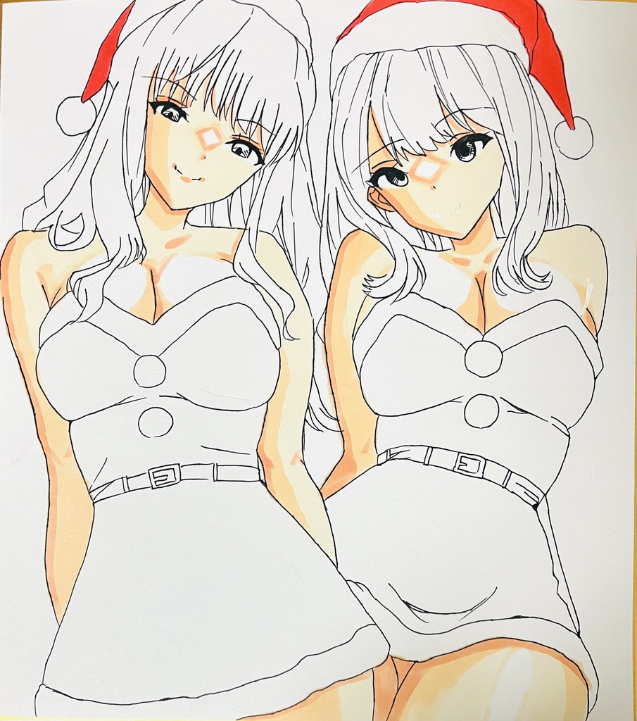 グリッドマンユニバース　サンタコスの夢芽ちゃんと六花さん　色紙　制作途中