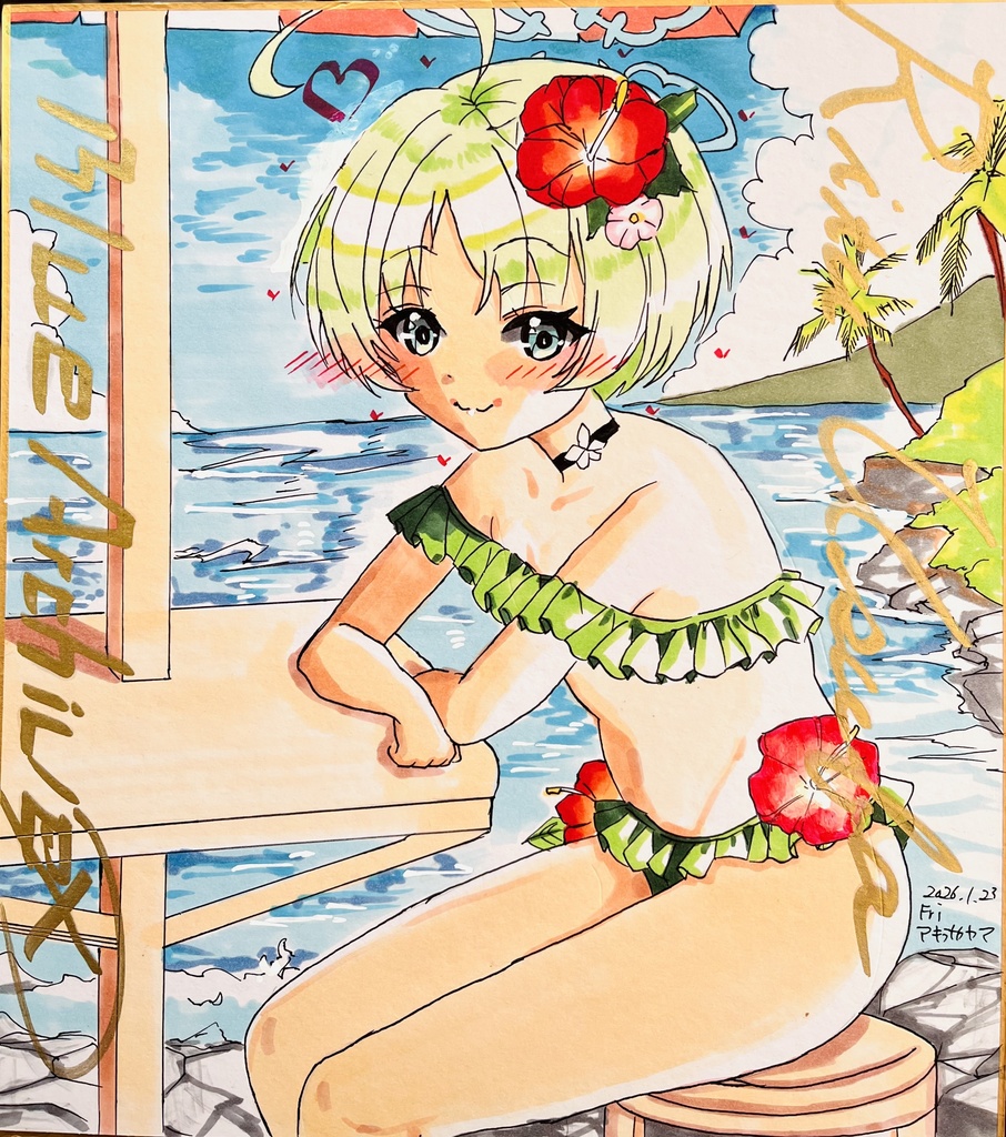 ブルーアーカイブ　水着リツ　色紙　完成