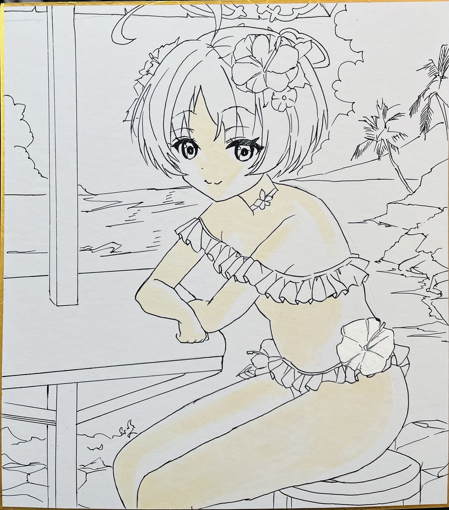 ブルーアーカイブ　水着リツ　色紙　制作途中