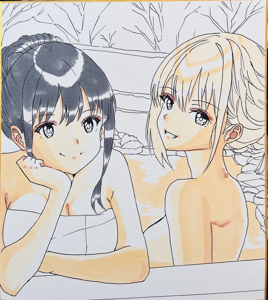 リコリスリコイル　真冬温泉ちさたき　色紙　制作途中