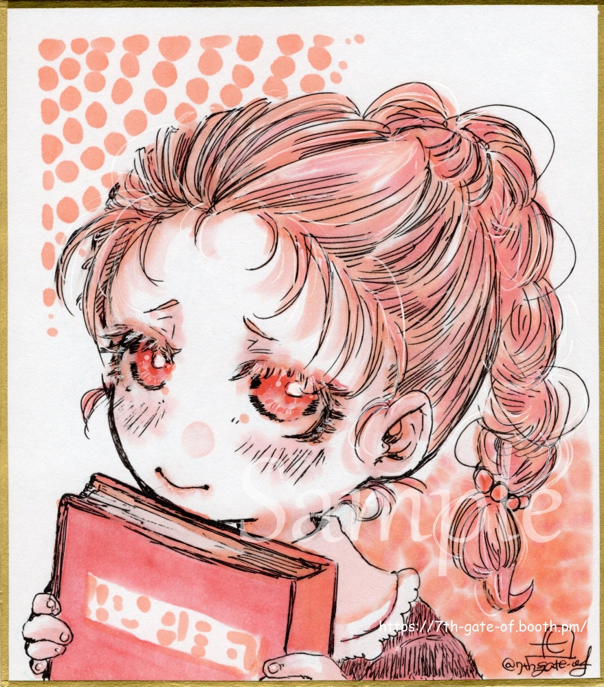 【アナログ原画】ミニ色紙：桃色少女