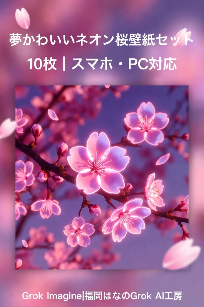 【Grok Imagine】夢かわいいネオン桜壁紙セット10枚｜スマホ・PC対応