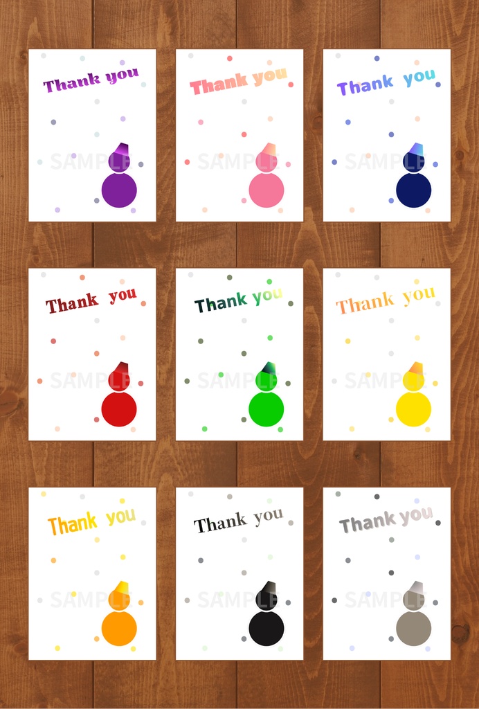 ９色雪だるま Thank youカード （印刷用PDF）　　