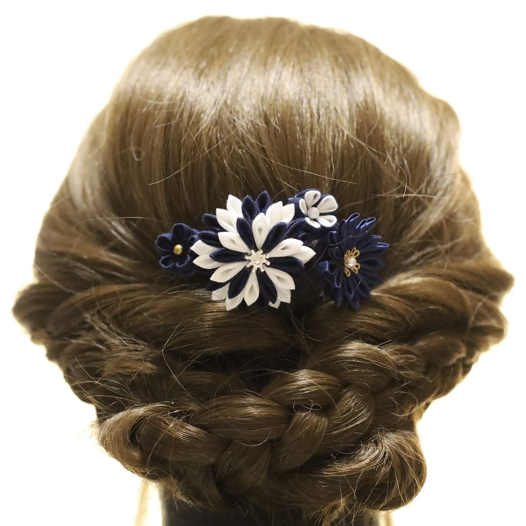 *T_010*【送料込】つまみ細工 バレッタ(紺)