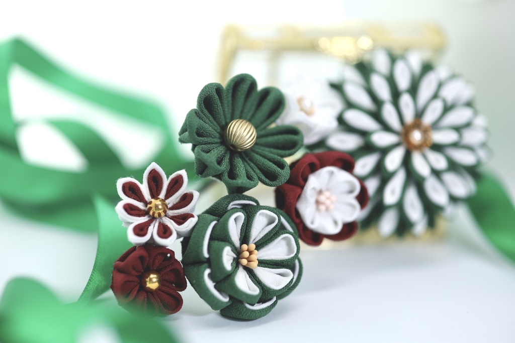 *T_012*【送料込】つまみ細工 髪飾りセット(緑)