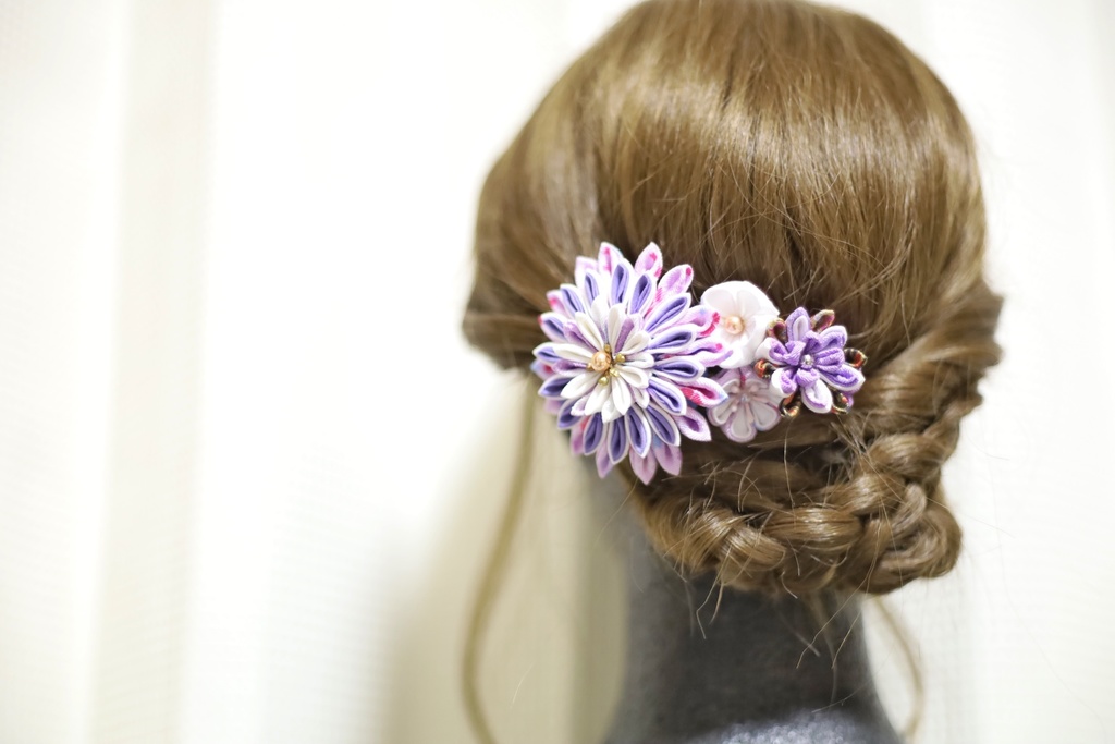 *T_020*【送料込】つまみ細工 バレッタ(紫)