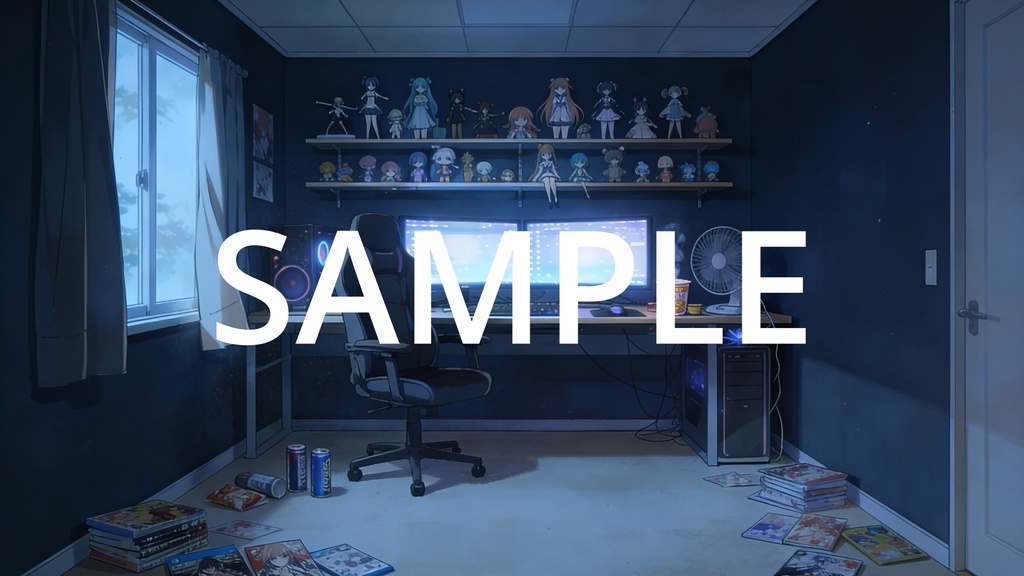 【Vtuber配信向け】オタクのゲーミングルーム 朝・昼・夜の3シーン収録【アニメ背景・動画ループ・OBS対応】