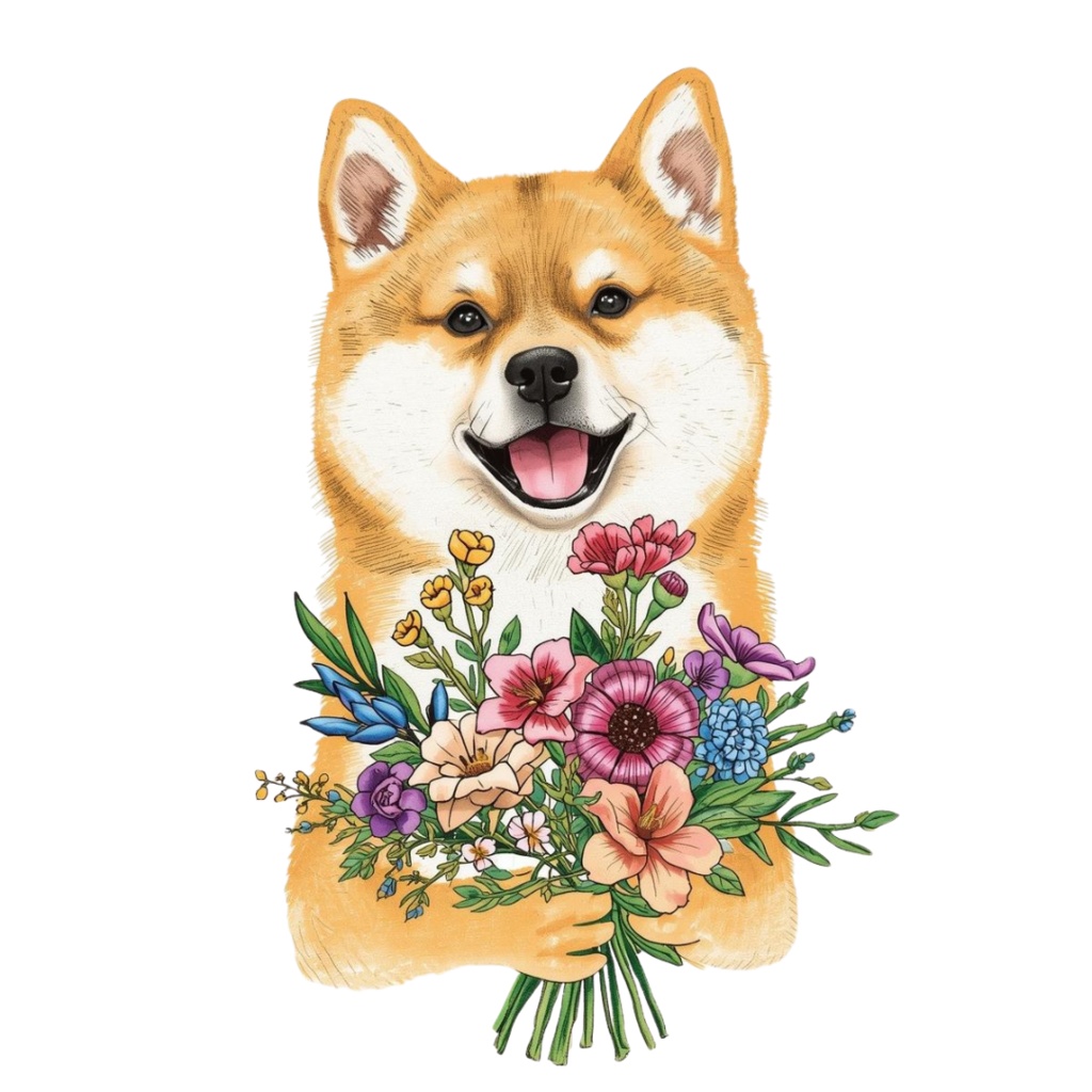 【Dogシリーズ】色鉛筆画風-犬と花の癒しクリップアート20点セット│PNG背景透過