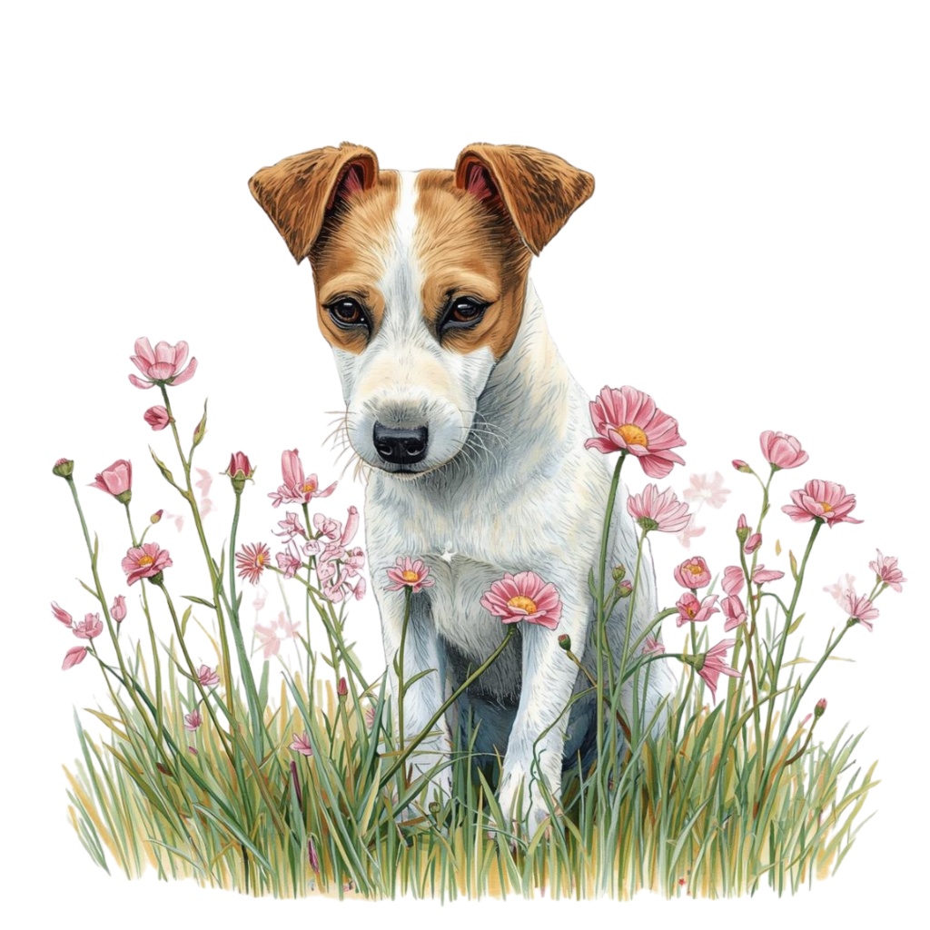 【Dogシリーズ】色鉛筆画風-犬と花の癒しクリップアート20点セット│PNG背景透過