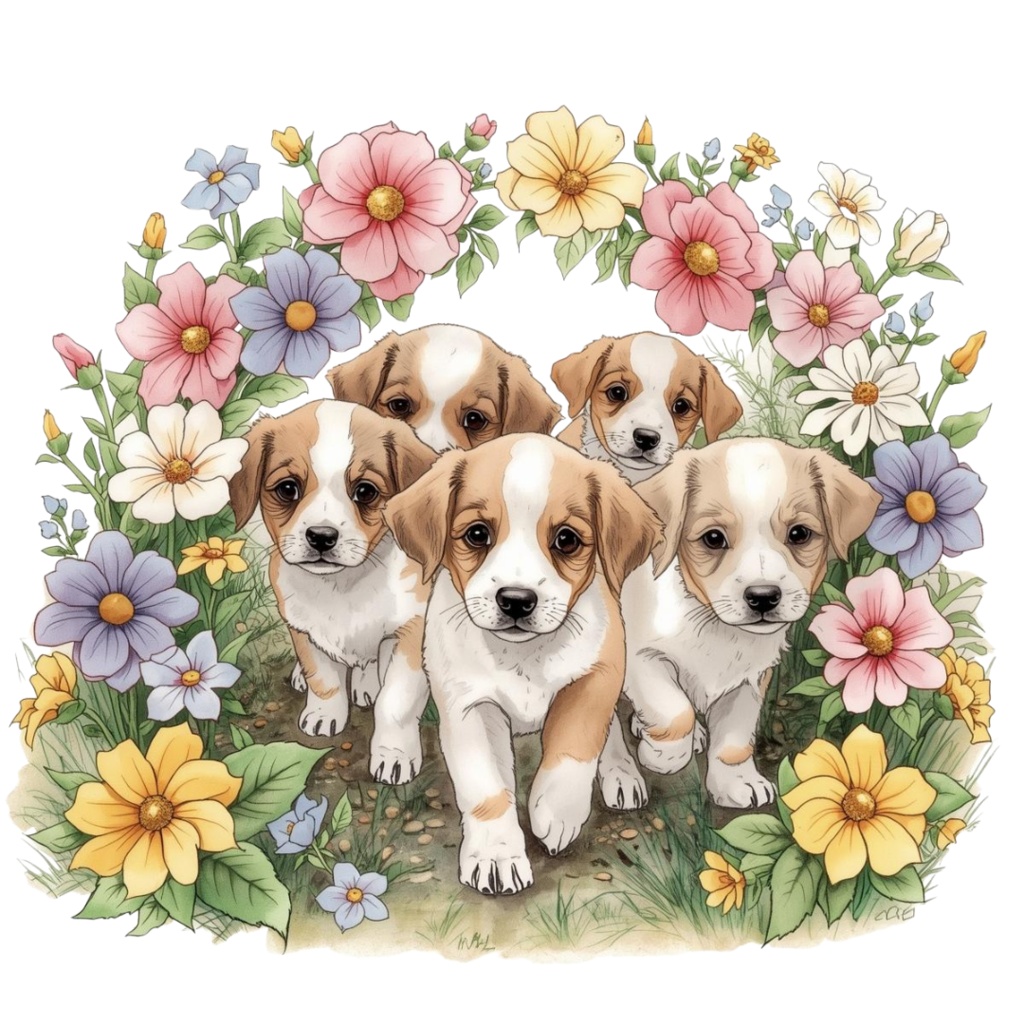 【Dogシリーズ】色鉛筆画風-犬と花の癒しクリップアート20点セット│PNG背景透過