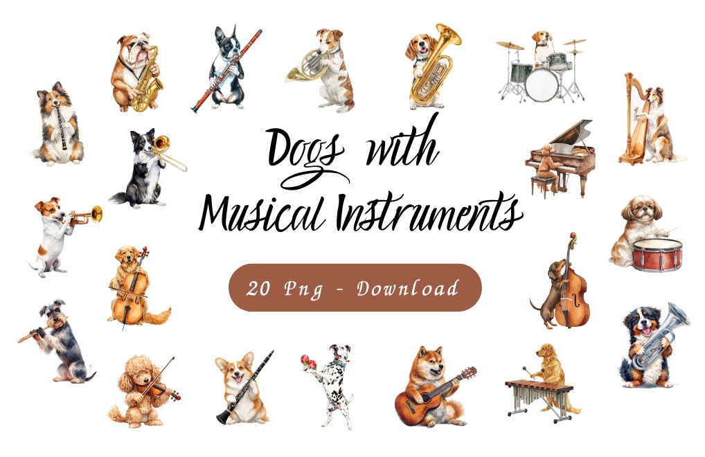 【Dogシリーズ】水彩画風ー楽器を奏でる犬たちのクリップアート20点セット│PNG背景透過