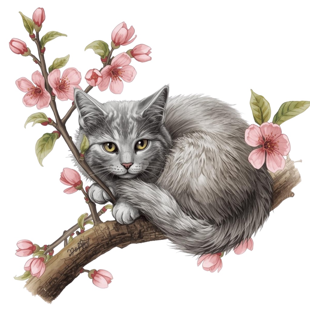 【Catシリーズ】色鉛筆画風-猫と花の癒しクリップアート20点セット│PNG背景透過