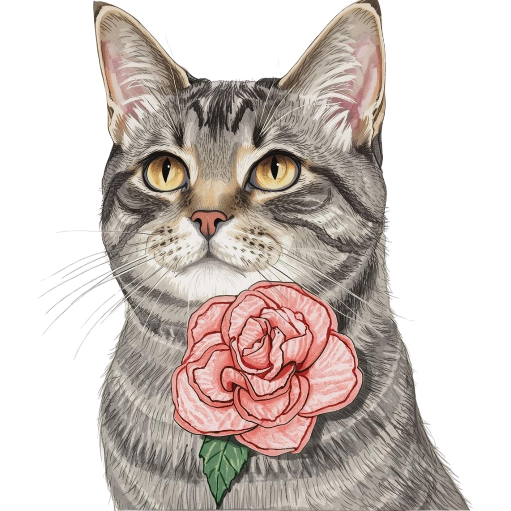 【Catシリーズ】色鉛筆画風-猫と花の癒しクリップアート20点セット│PNG背景透過