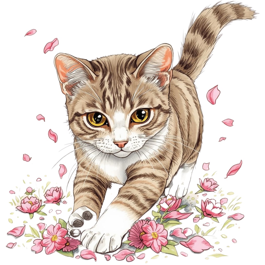 【Catシリーズ】色鉛筆画風-猫と花の癒しクリップアート20点セット│PNG背景透過