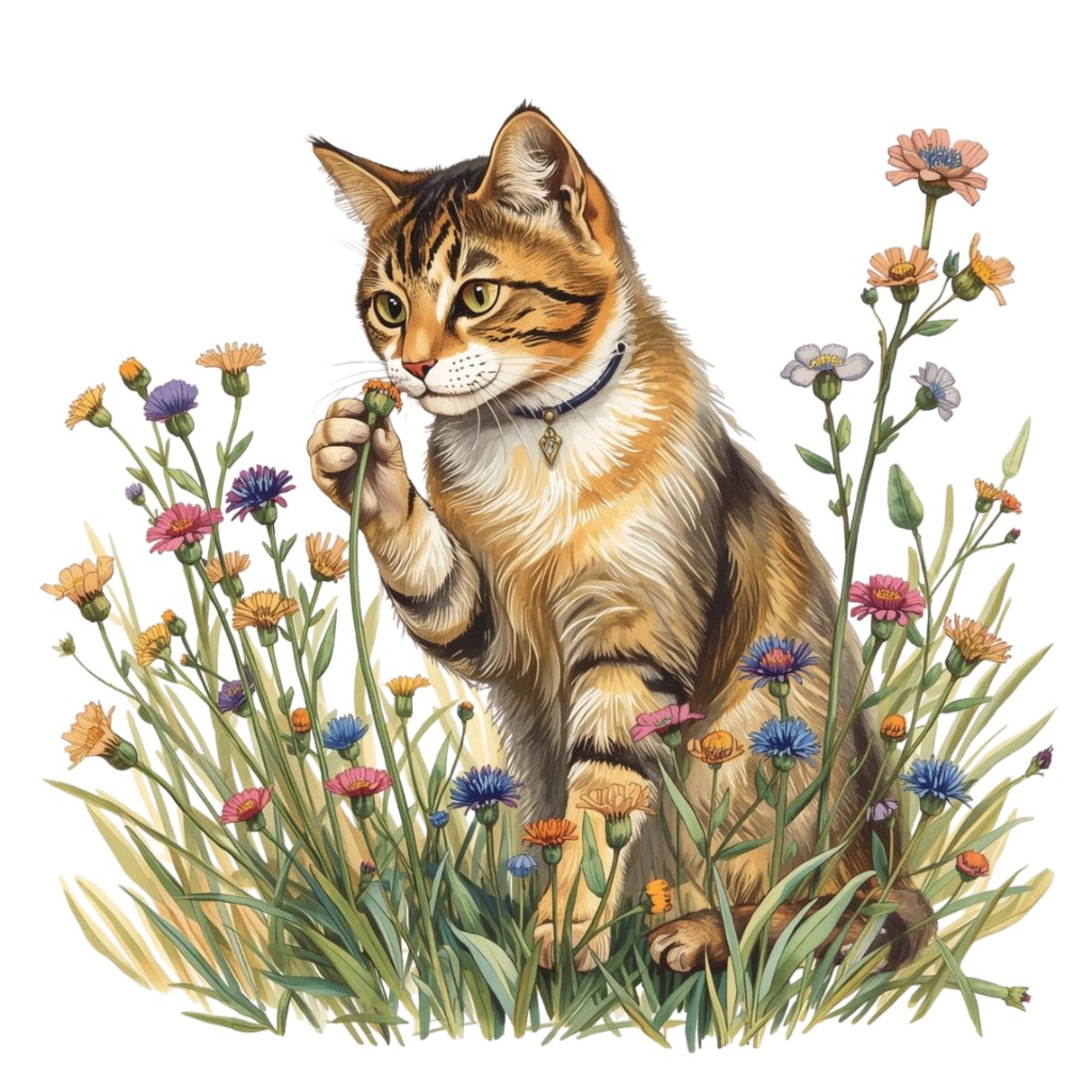 【Catシリーズ】色鉛筆画風-猫と花の癒しクリップアート20点セット│PNG背景透過