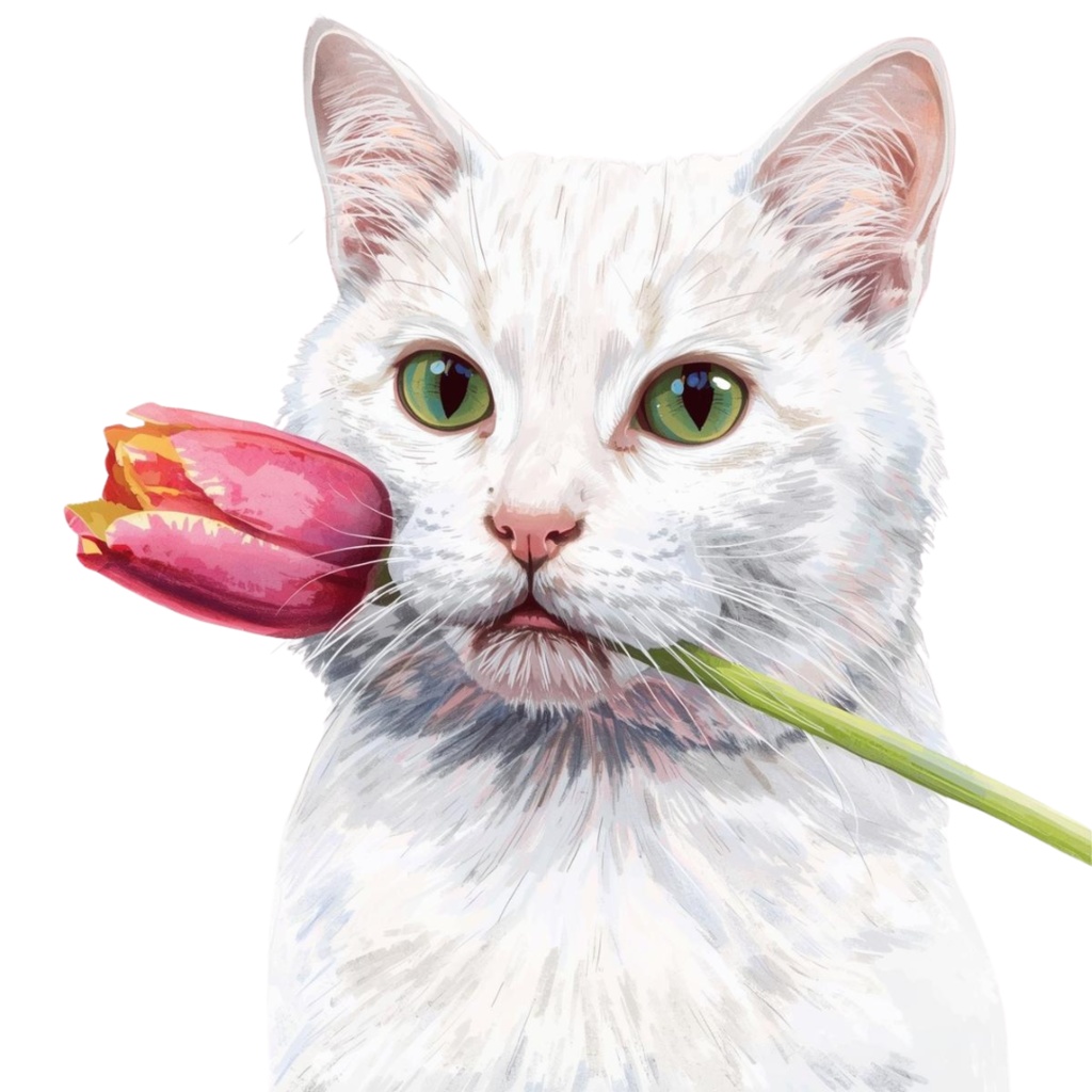 【Catシリーズ】色鉛筆画風-猫と花の癒しクリップアート20点セット│PNG背景透過