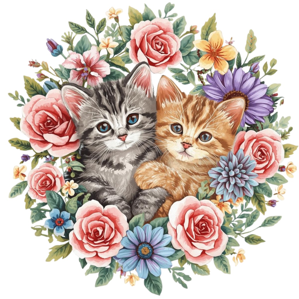 【Catシリーズ】色鉛筆画風-猫と花の癒しクリップアート20点セット│PNG背景透過