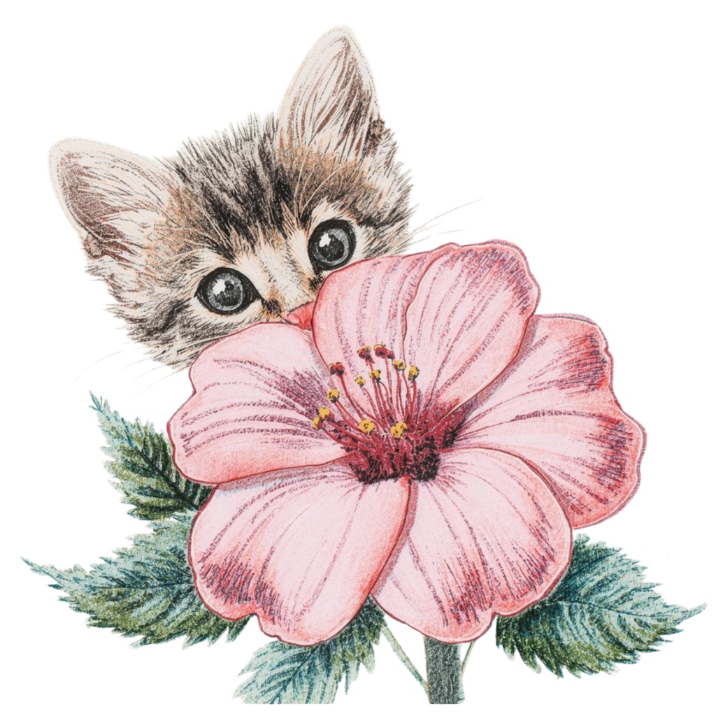 【Catシリーズ】色鉛筆画風-猫と花の癒しクリップアート20点セット│PNG背景透過