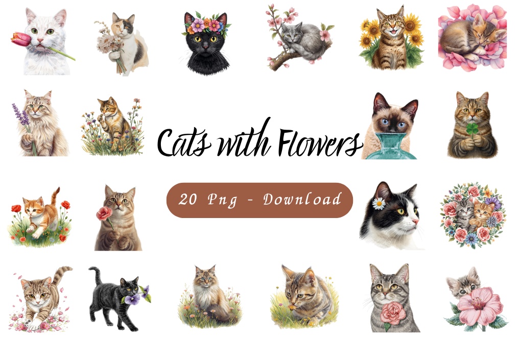 【Catシリーズ】色鉛筆画風－猫と花の癒しクリップアート20点セット│PNG背景透過