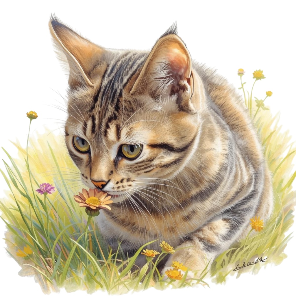 【Catシリーズ】色鉛筆画風-猫と花の癒しクリップアート20点セット│PNG背景透過