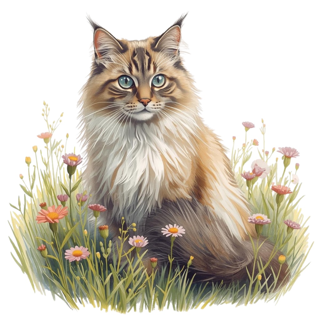 【Catシリーズ】色鉛筆画風-猫と花の癒しクリップアート20点セット│PNG背景透過