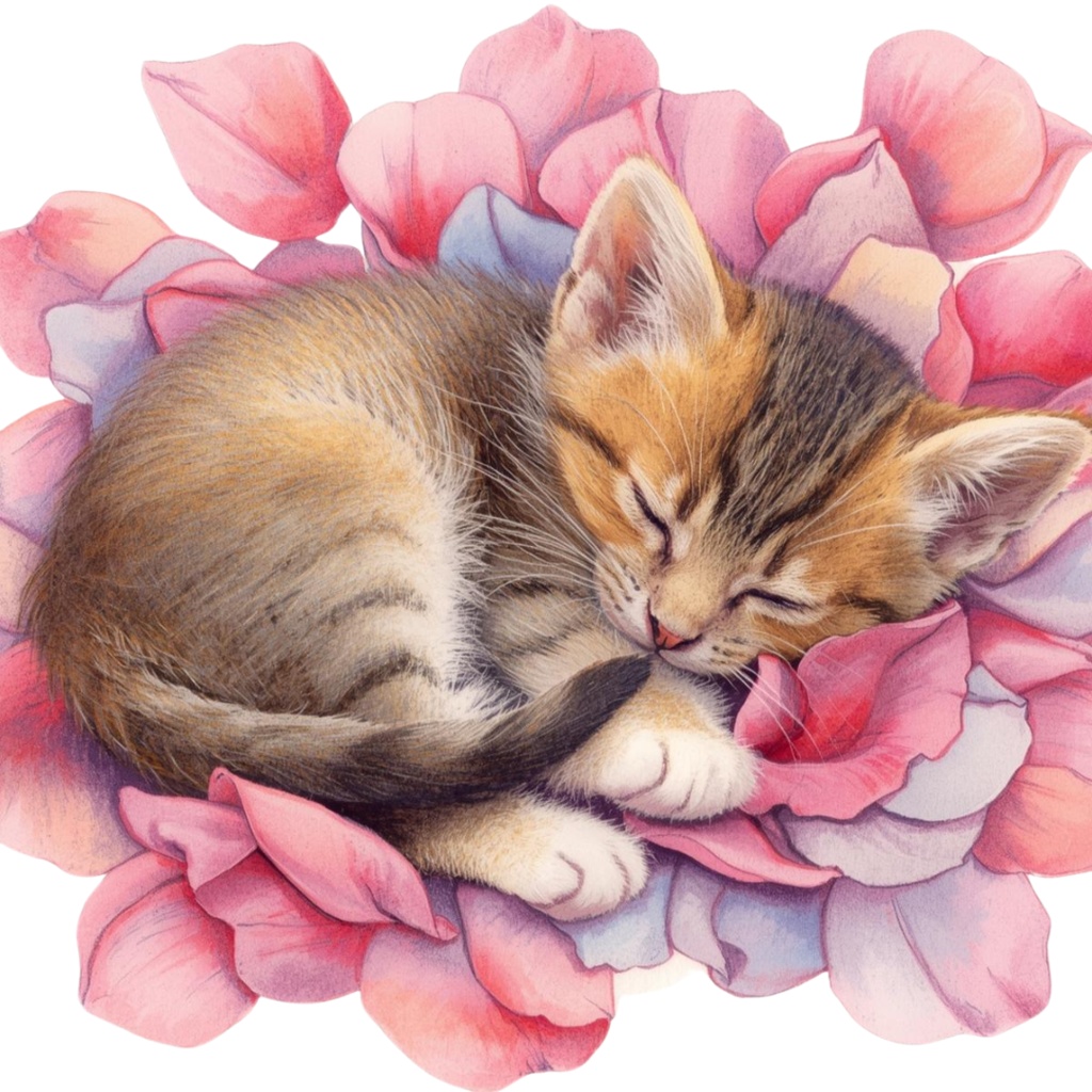 【Catシリーズ】色鉛筆画風-猫と花の癒しクリップアート20点セット│PNG背景透過