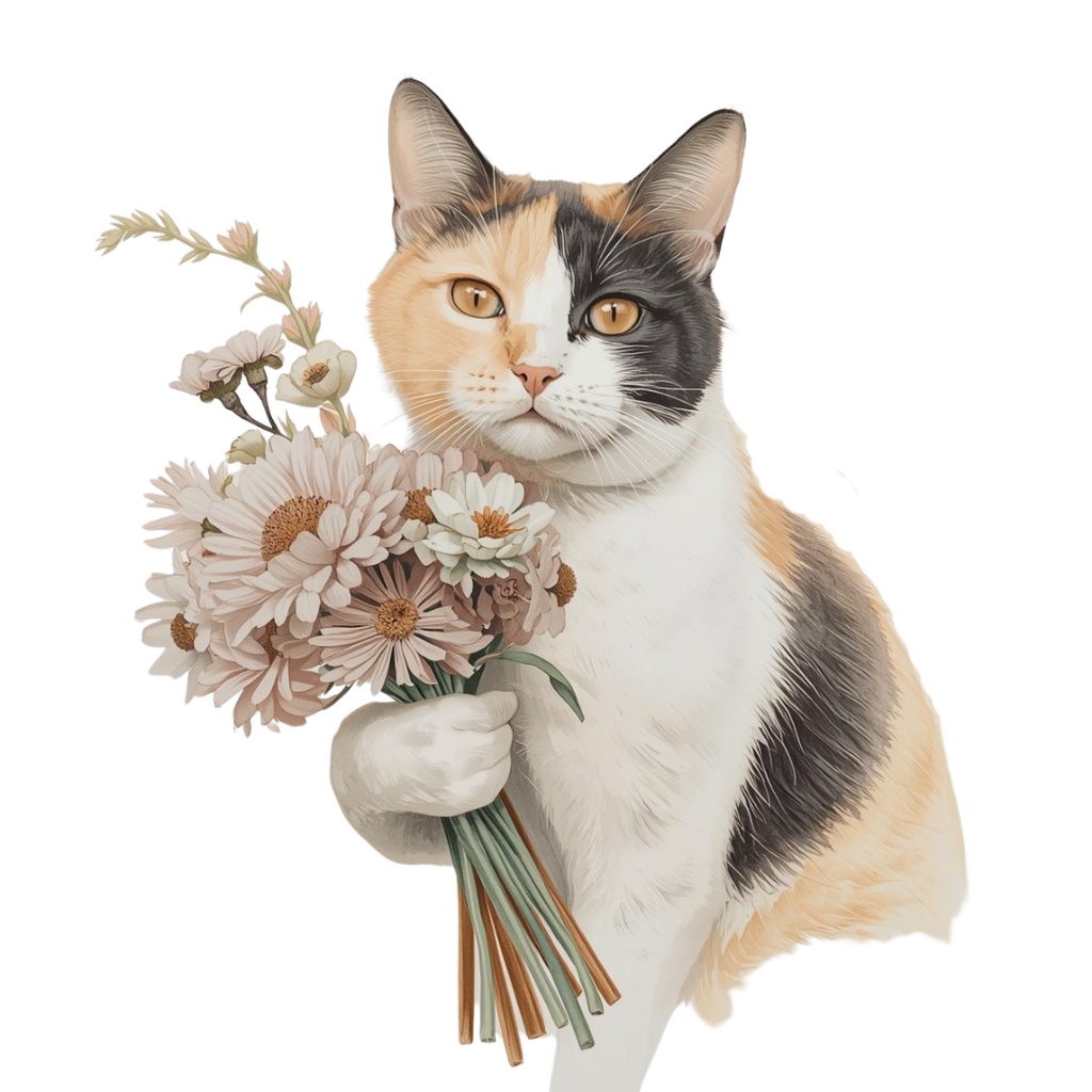 【Catシリーズ】色鉛筆画風-猫と花の癒しクリップアート20点セット│PNG背景透過