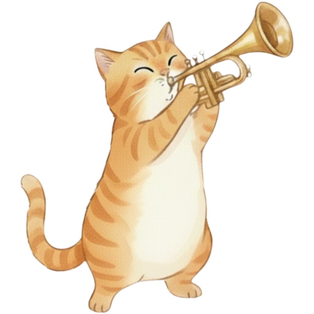 【Catシリーズ】水彩画風-楽器を奏でる猫のクリップアート24点セット│PNG背景透過