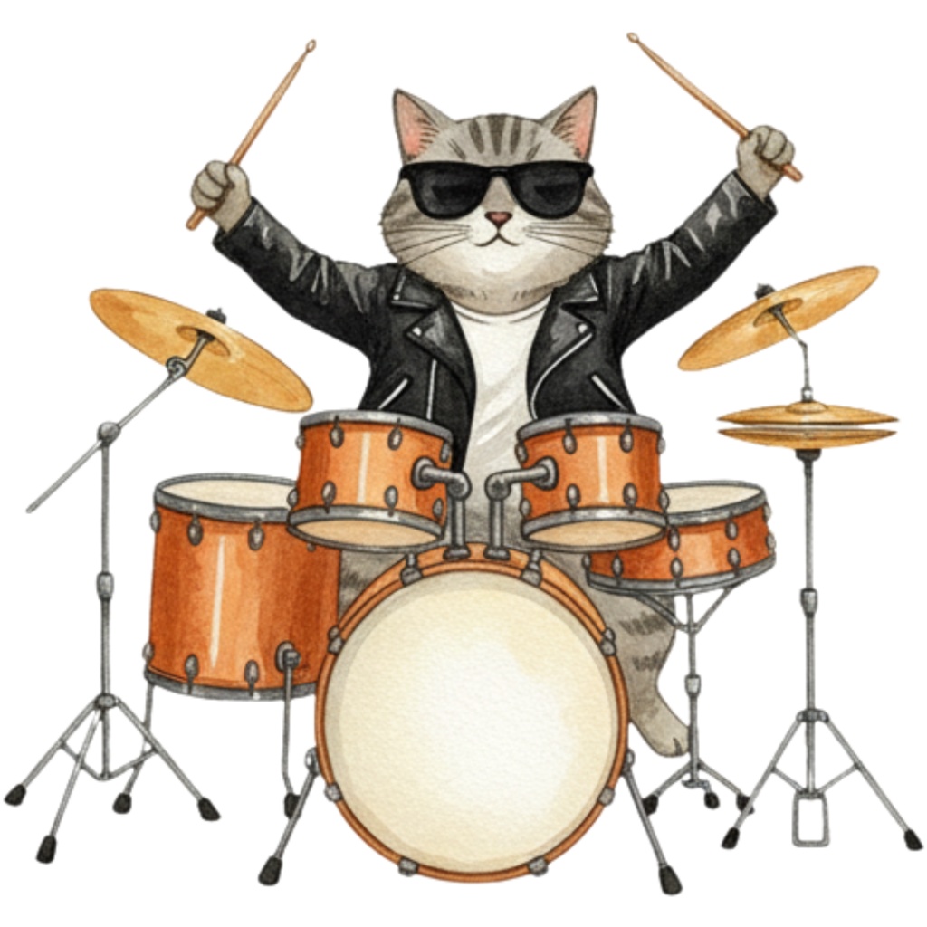 【Catシリーズ】水彩画風-楽器を奏でる猫のクリップアート24点セット│PNG背景透過