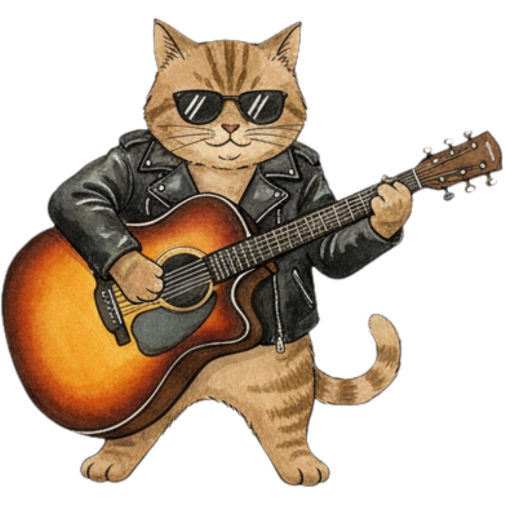 【Catシリーズ】水彩画風-楽器を奏でる猫のクリップアート24点セット│PNG背景透過
