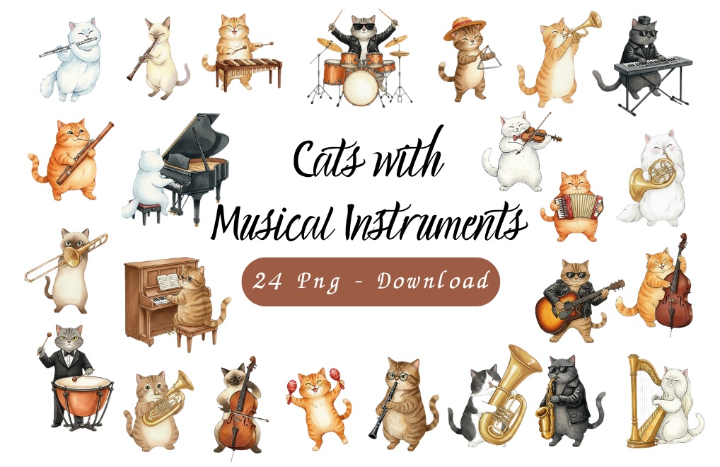 【Catシリーズ】水彩画風－楽器を奏でる猫のクリップアート24点セット│PNG背景透過